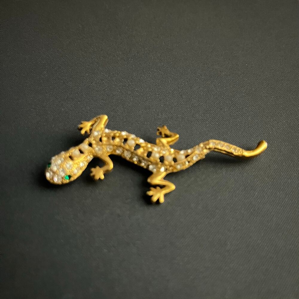 Gold Tone Gecko Lizard Brooch‎ Rhinestone Greeb Eyes Animal Pin Statement 2.75"